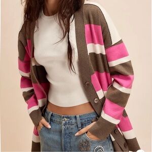 NWT Free People Pink and Brown Striped Cardigan